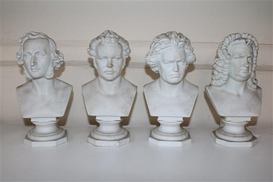 Four Continental biscuit porcelain busts of Bach, Beethoven, Mendelssohn and Schubert, height 19cm